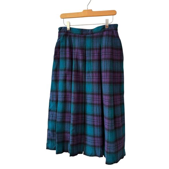 Vintage Woolrich Plaid Pleated Wool Midi Skirt Green Purple - Picture 1 of 5
